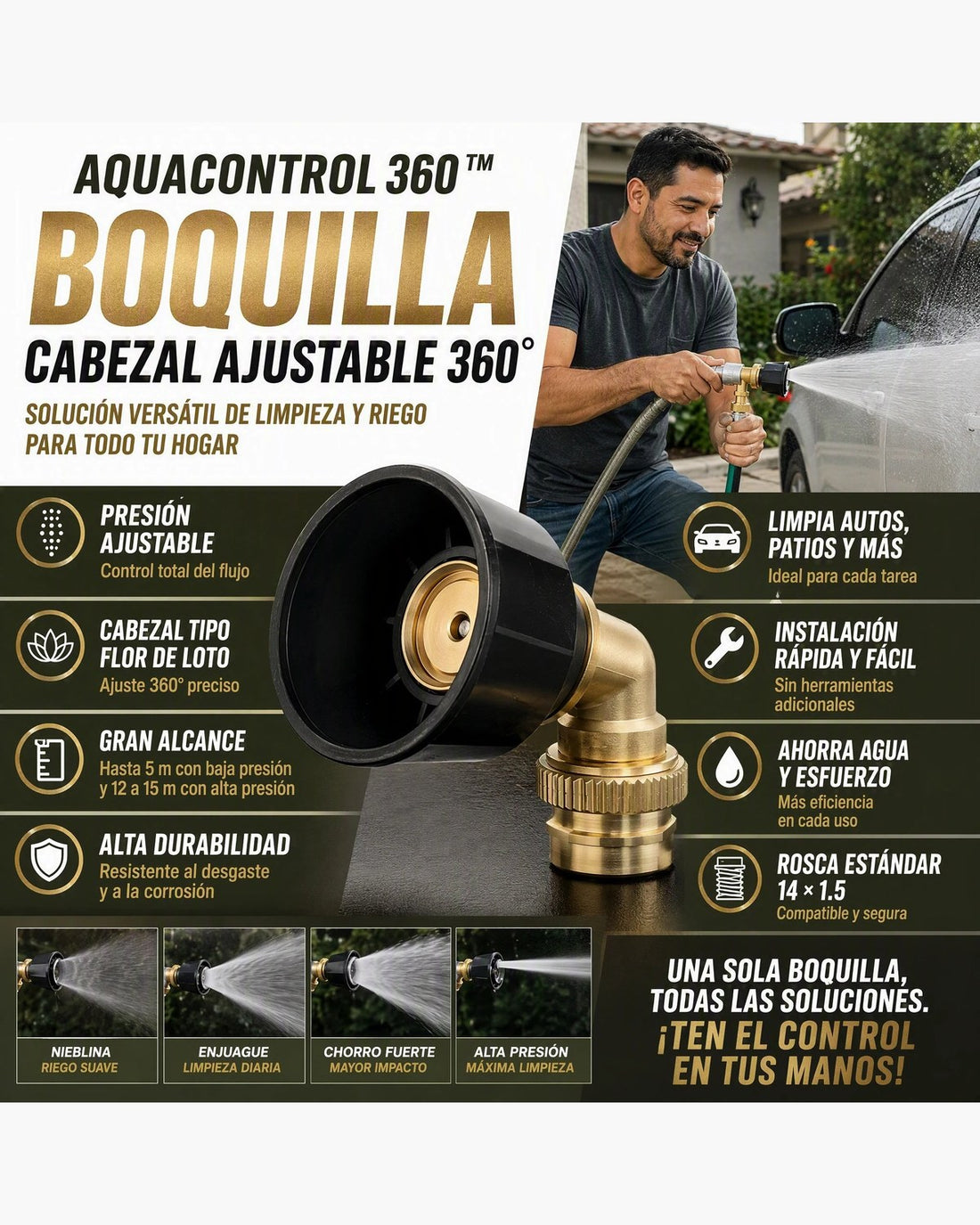 AquaControl 360™ — Boquilla de Latón con Cabezal Ajustable 360°