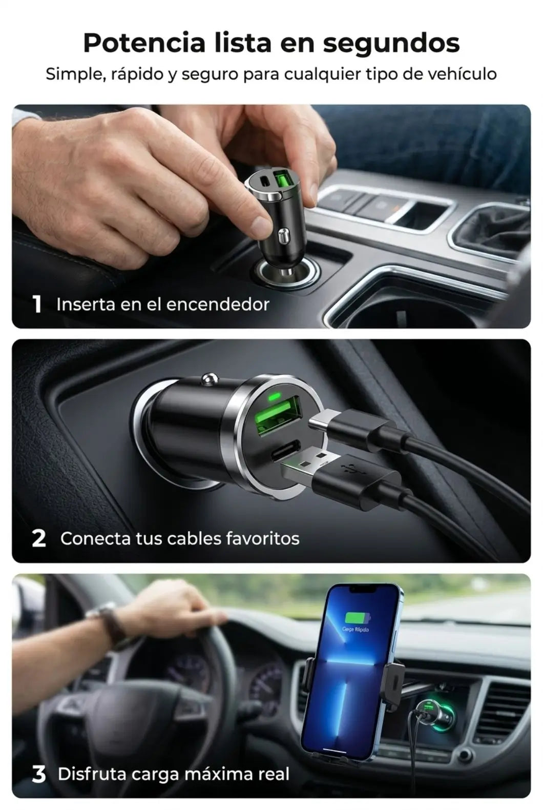Cargador de Auto 2 en 1 USB + Tipo C — Carga Rápida de Verdad
