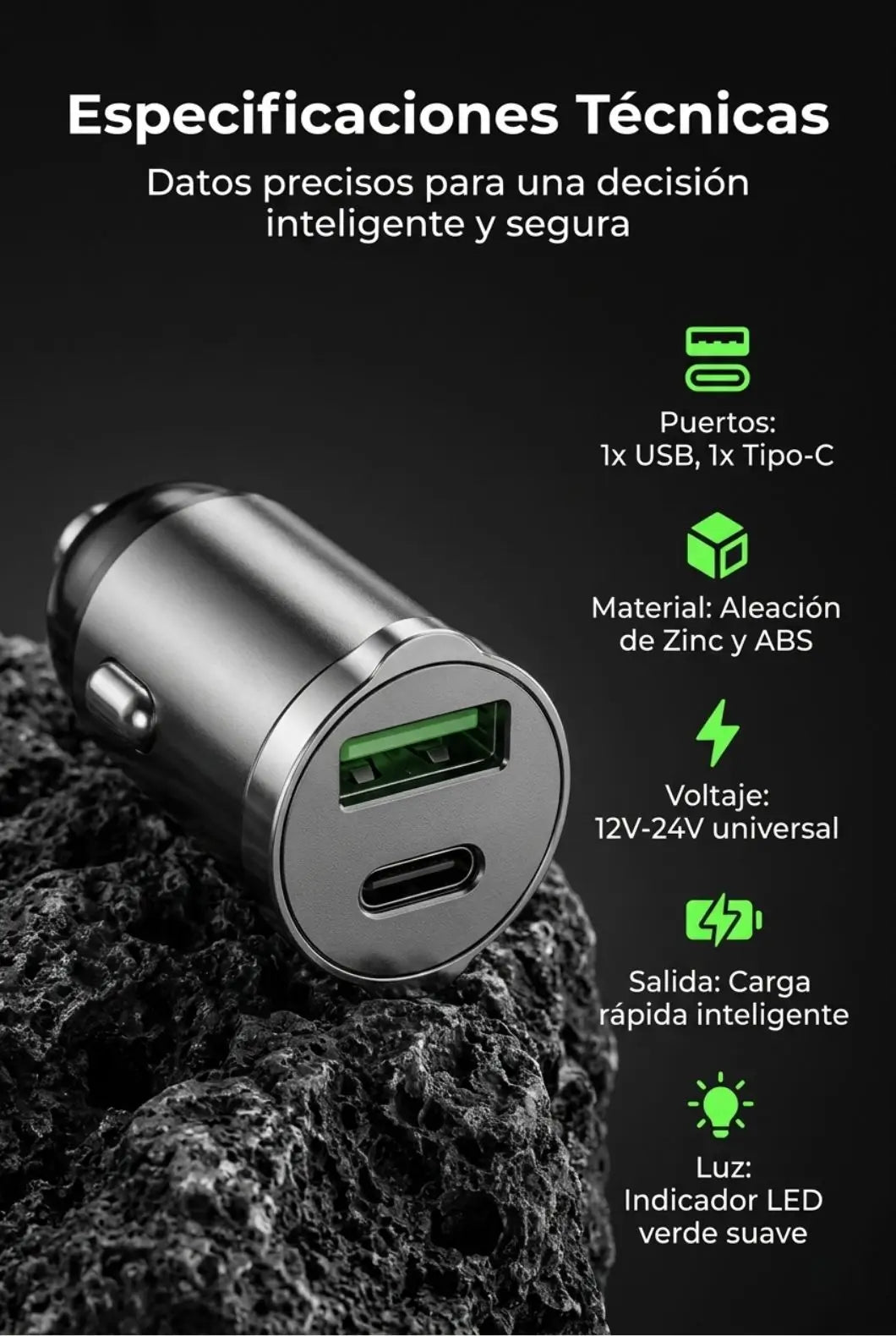 Cargador de Auto 2 en 1 USB + Tipo C — Carga Rápida de Verdad