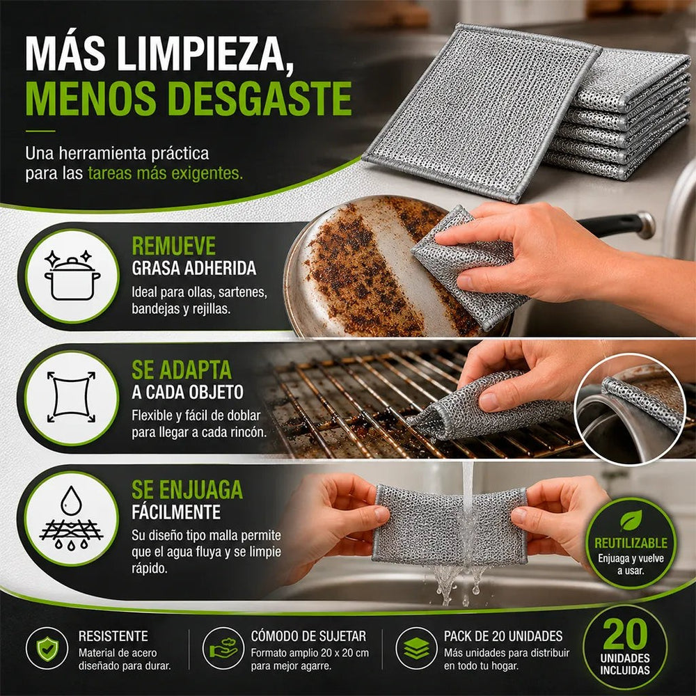 Panos Metalicos Tipo Malla — Pack 20 · Limpieza Profunda que Se Nota 🧽