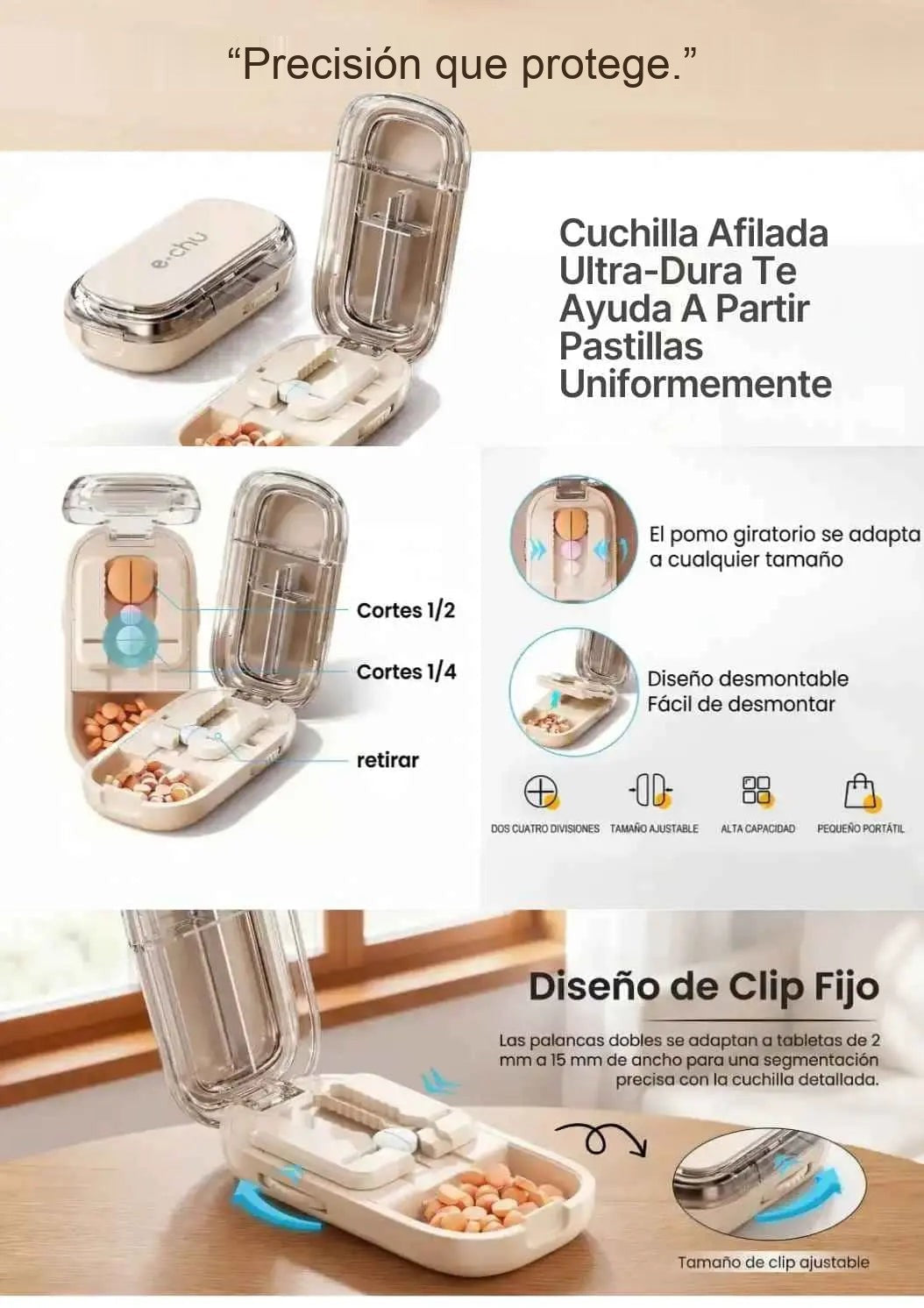 Cortador de Pastillas de Precisión 💊 Cortes 1/2 y 1/4 con Pastillero Integrado — 3