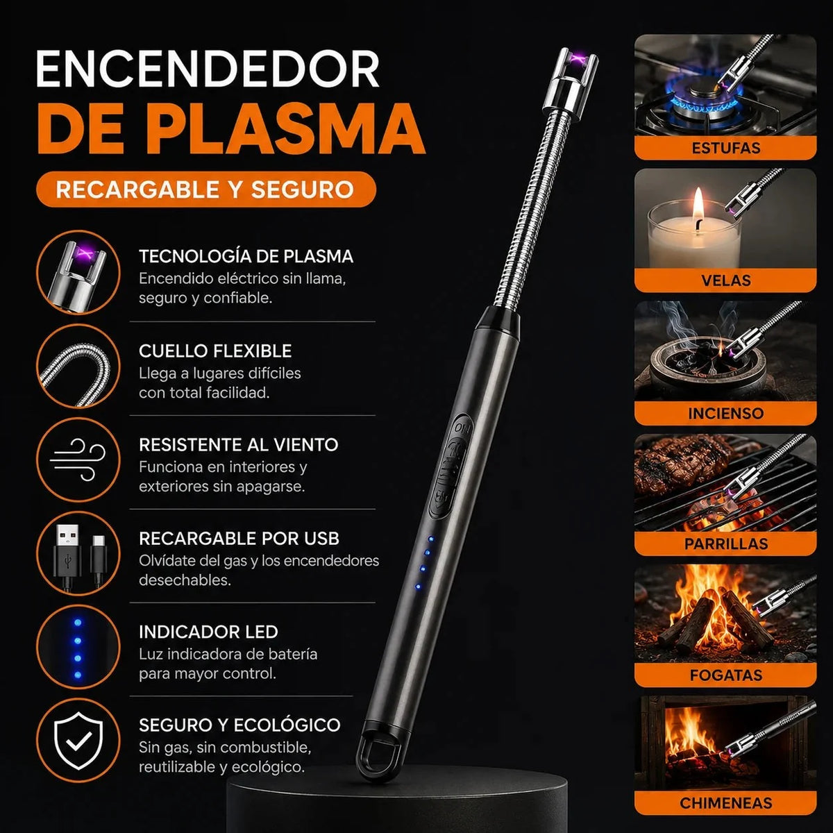 Encendedor de Plasma Recargable — Sin Gas, Cuello Flexible
