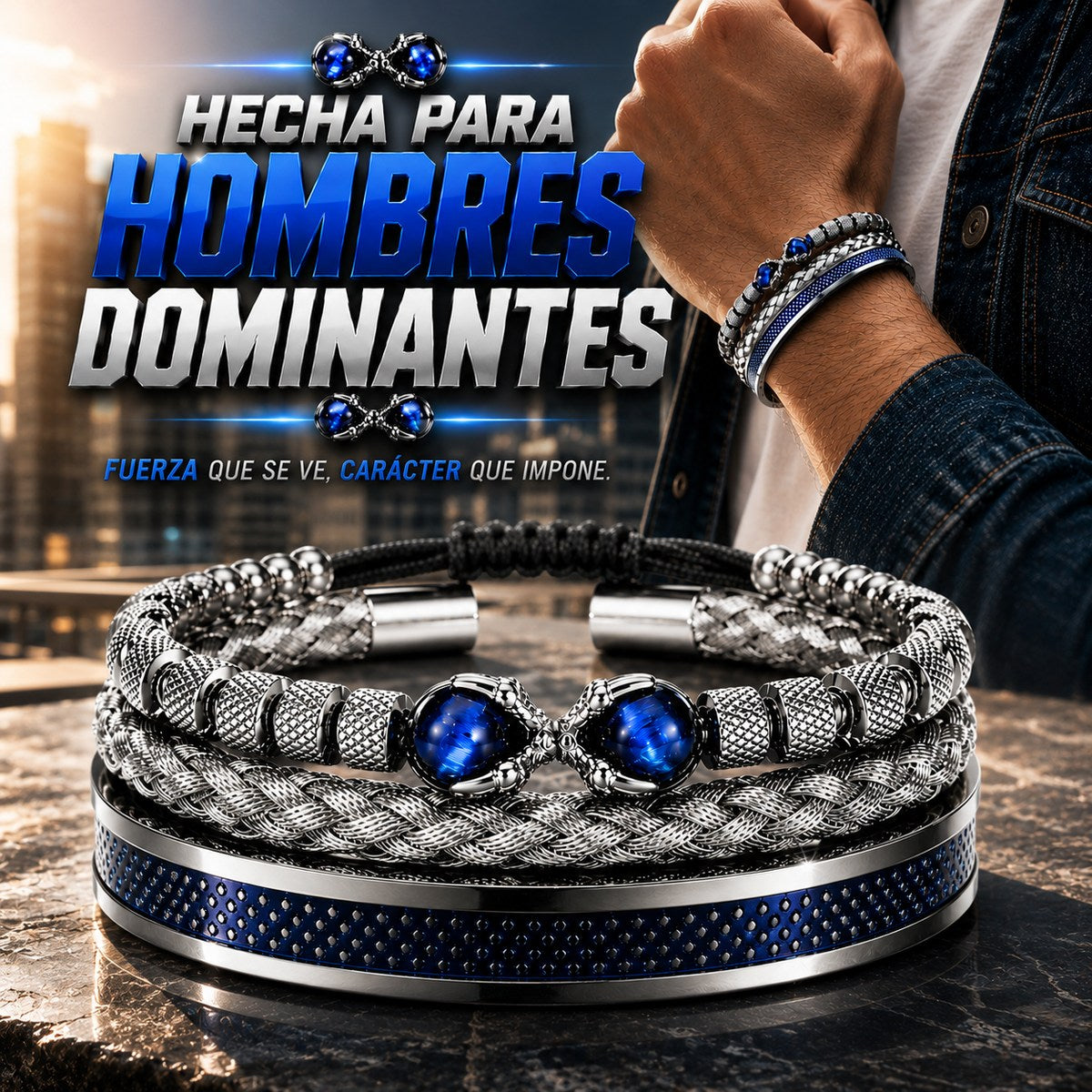 Set de 3 pulseras para hombre con detalles azules