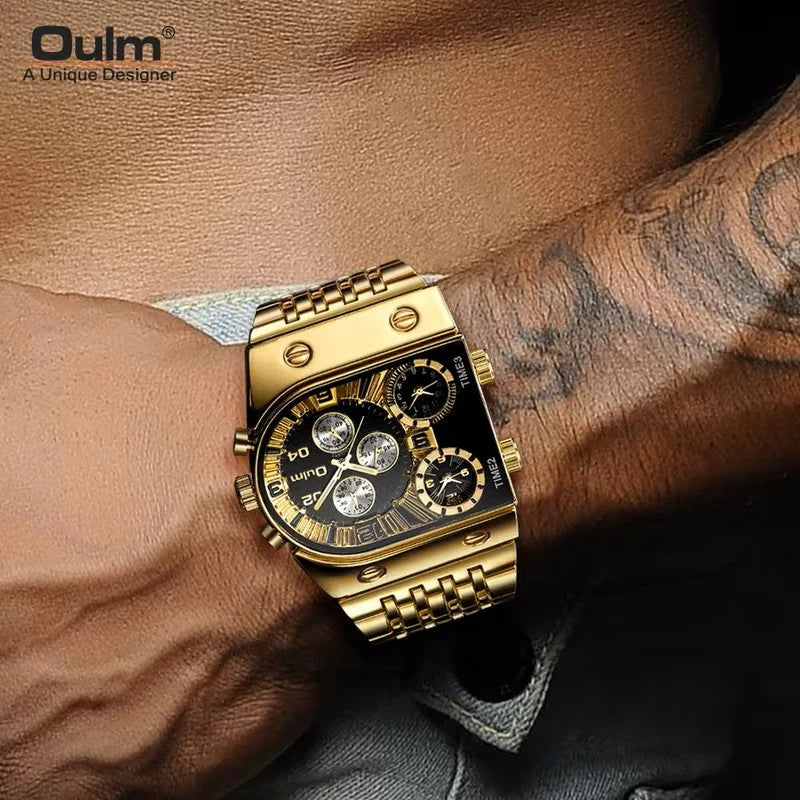Reloj Dorado Futurista Multi-Dial — 3 Zonas Horarias