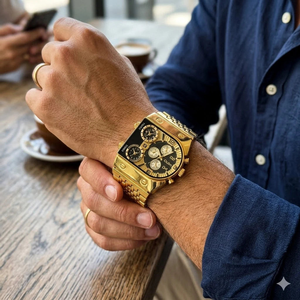 Reloj Dorado Futurista Multi-Dial — 3 Zonas Horarias
